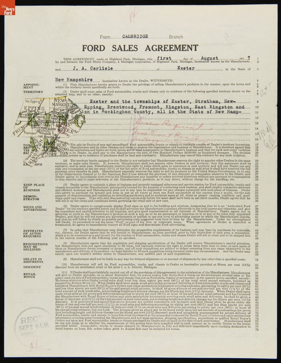 Cancelled Ford Sales Agreement for J.A. Carlisle, Exeter, New Hampshire, August 1, 1917