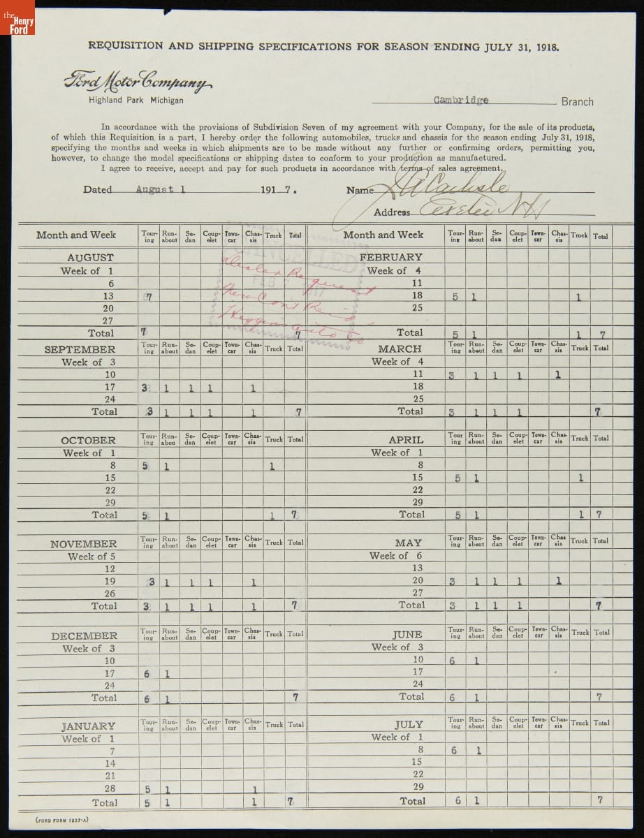 Requisition Form for for J.A. Carlisle, Exeter, New Hampshire, August 1, 1917