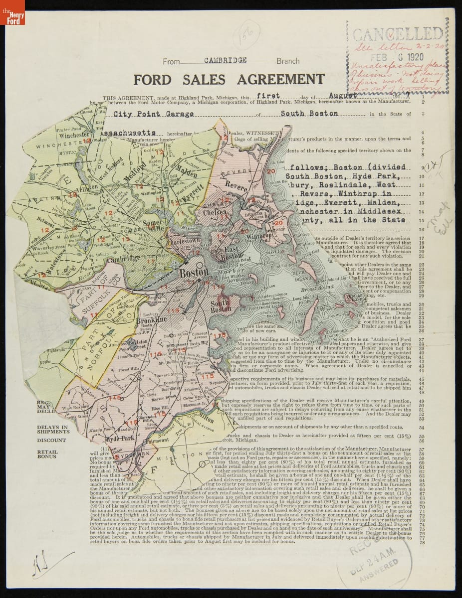 Cancelled Ford Sales Agreement for City Point Garage, South Boston, Massachusetts, February 6, 1920