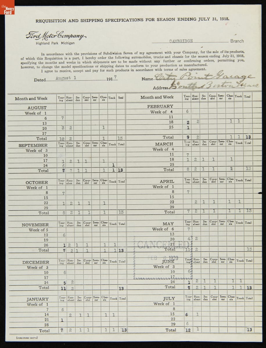 Cancelled Requisition Form for City Point Garage, South Boston, Massachusetts, February 6, 1920