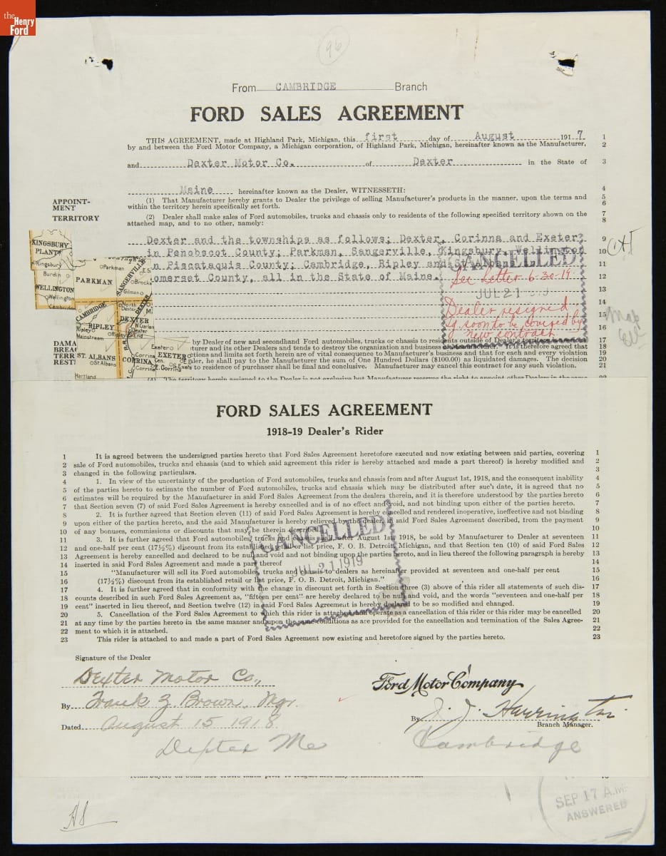 Cancelled Ford Sales Agreement for Dexter Motor Co., Dexter, Maine, July 21, 1919