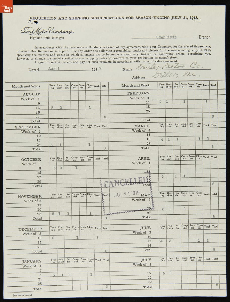 Cancelled Requisition Form for Dexter Motor Co., Dexter, Maine, July 21, 1919
