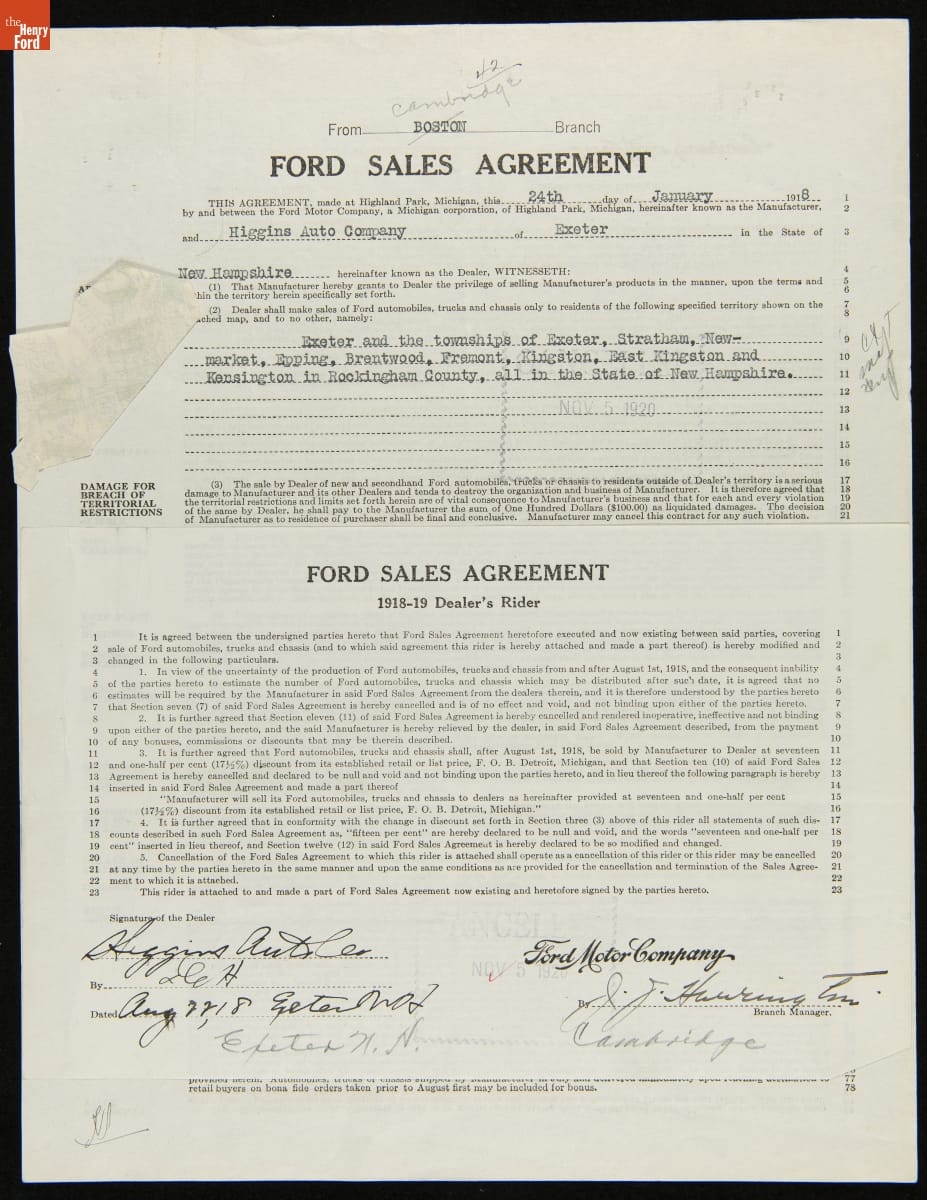 Cancelled Ford Sales Agreement for Higgins Auto Company, Exeter, New Hampshire, November 5, 1920