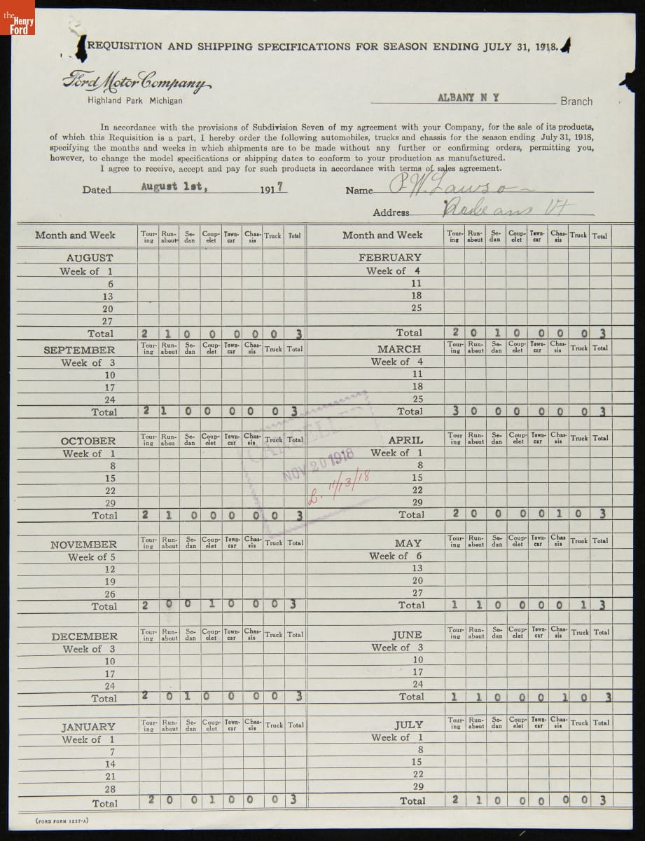 Cancelled Requisition Form for P.W. Lawson, Orleans, Vermont, November 20, 1918
