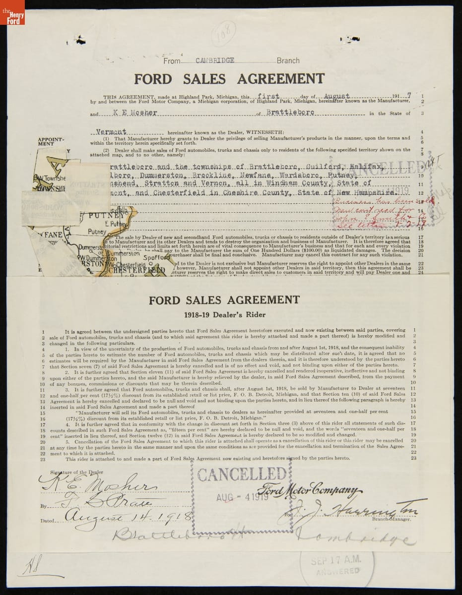 Cancelled Ford Sales Agreement for K.E. Mosher, Brattleboro, Vermont, August 4, 1919