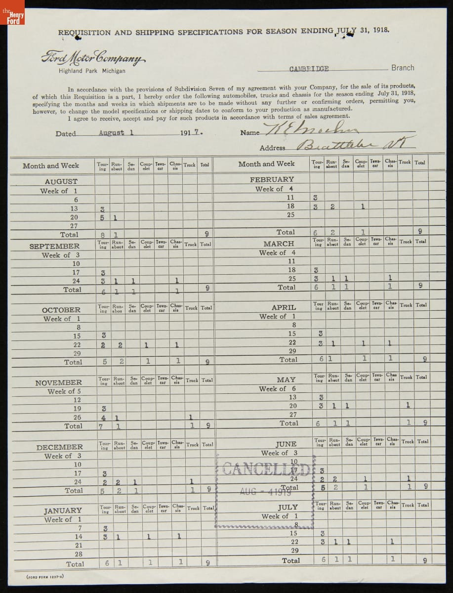 Cancelled Requisition Form for K.E. Mosher, Brattleboro, Vermont, August 4, 1919