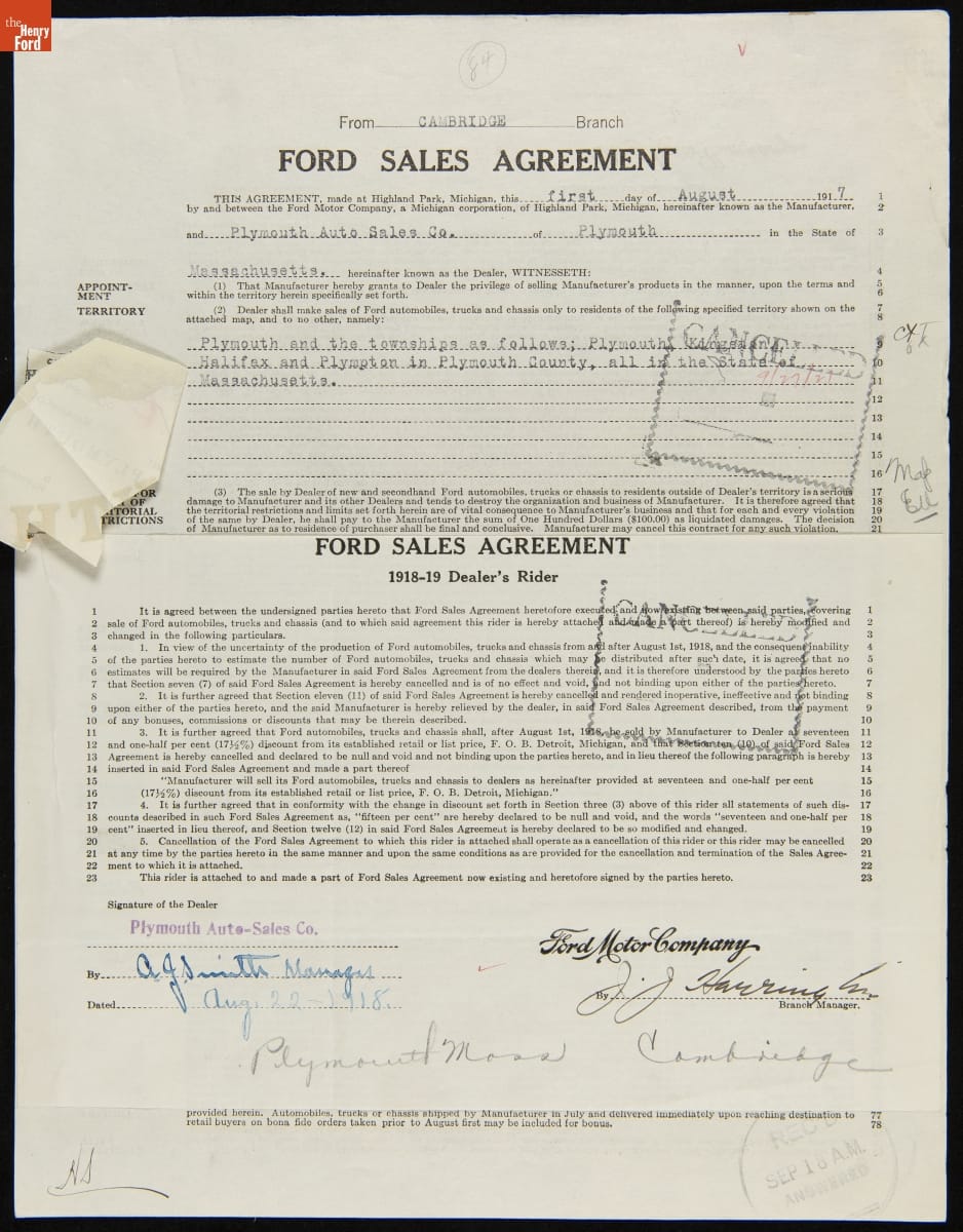 Cancelled Ford Sales Agreement for Plymouth Auto Sales Co., Plymouth, Massachusetts, September 27, 1921
