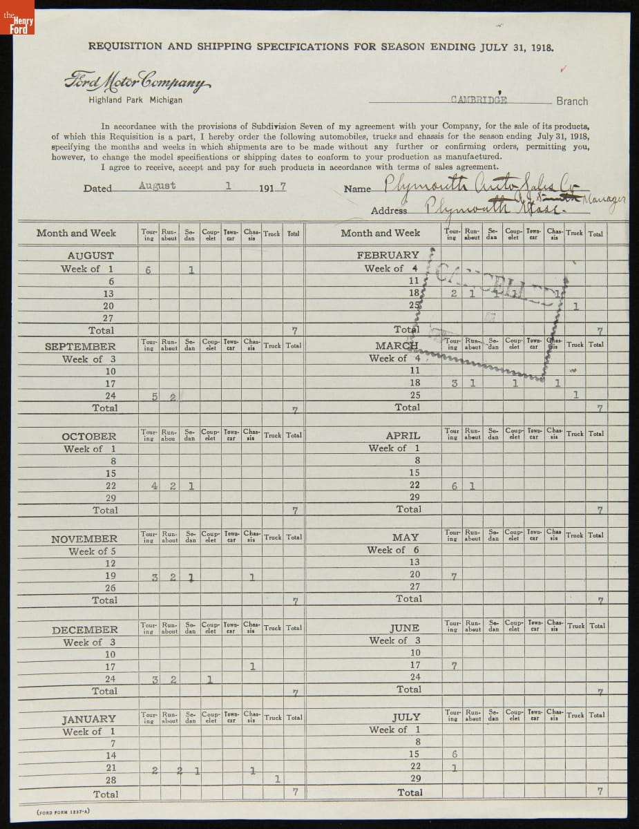 Cancelled Requisition Form for Plymouth Auto Sales Co., Plymouth, Massachusetts, September 1921