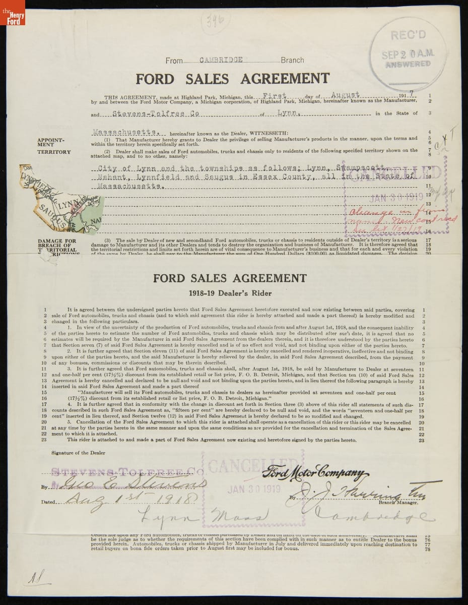 Cancelled Ford Sales Agreement for Stevens-Tolfree Co., Lynn, Massachusetts, January 30, 1919