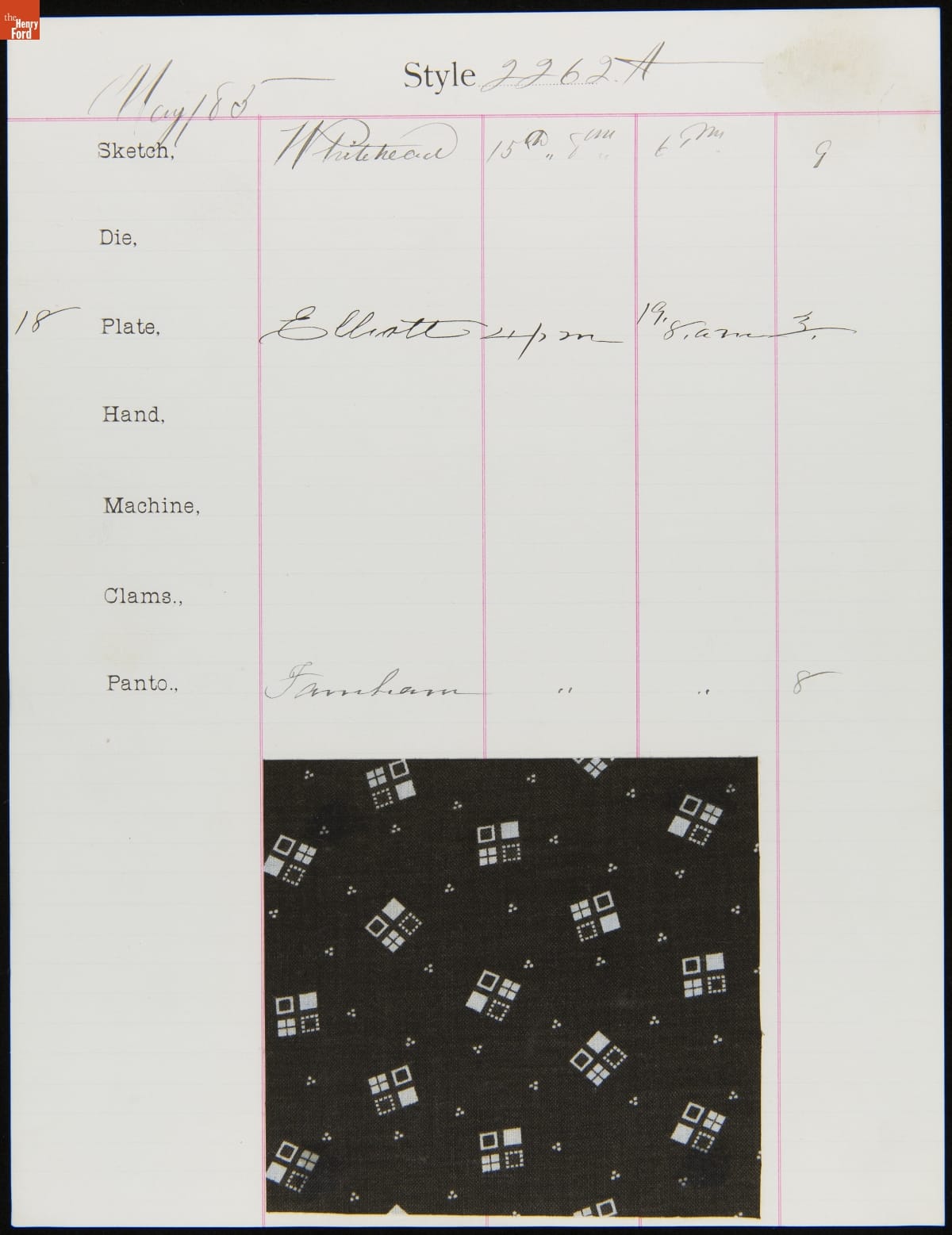 Engraver Sheet for Textile Fabric Style No. 2262 A, Cocheco Mfg. Co., May 1885