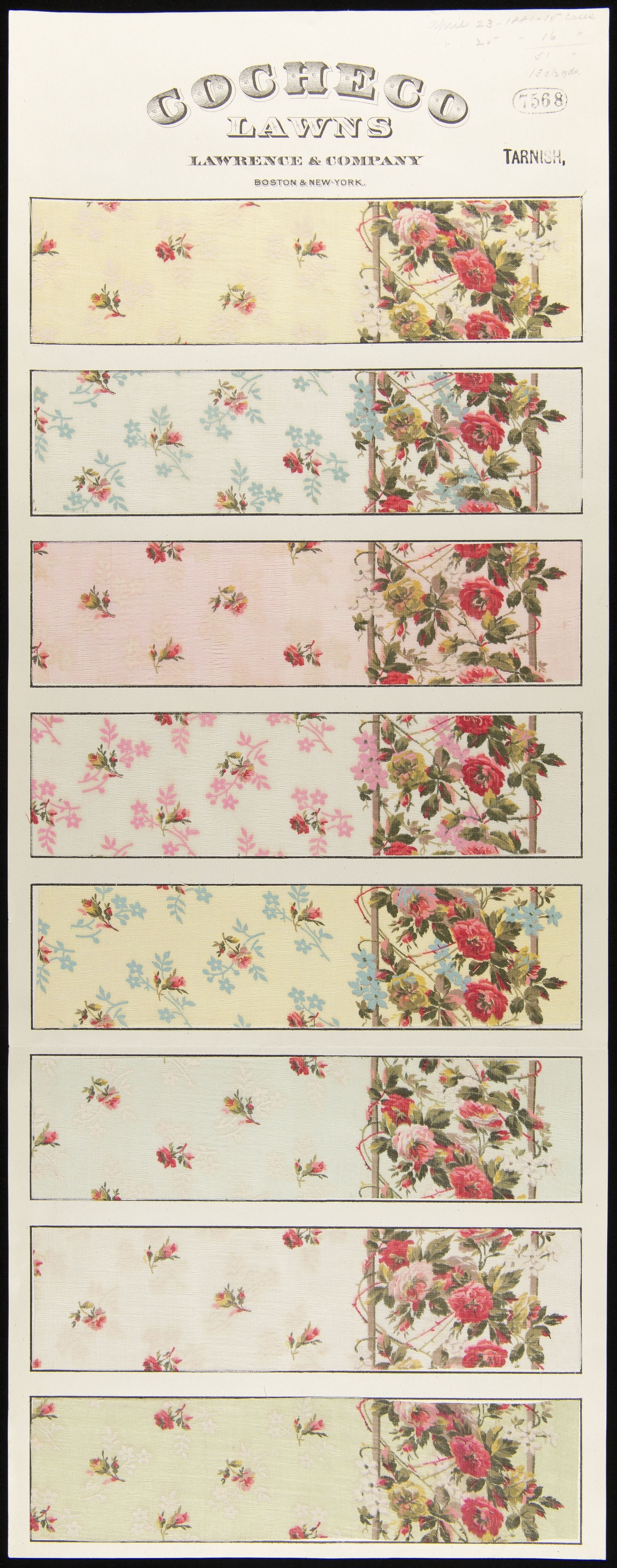 Sample Card for Textile Fabric Style No. 7568, "Tarnish," Cocheco Mfg. Co., April 23, 1881