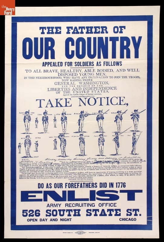 World War I Poster, "The Father of Our Country Appealed for Soldiers; Do as Our Forefathers Did in 1776- Enlist...," 1917-1918