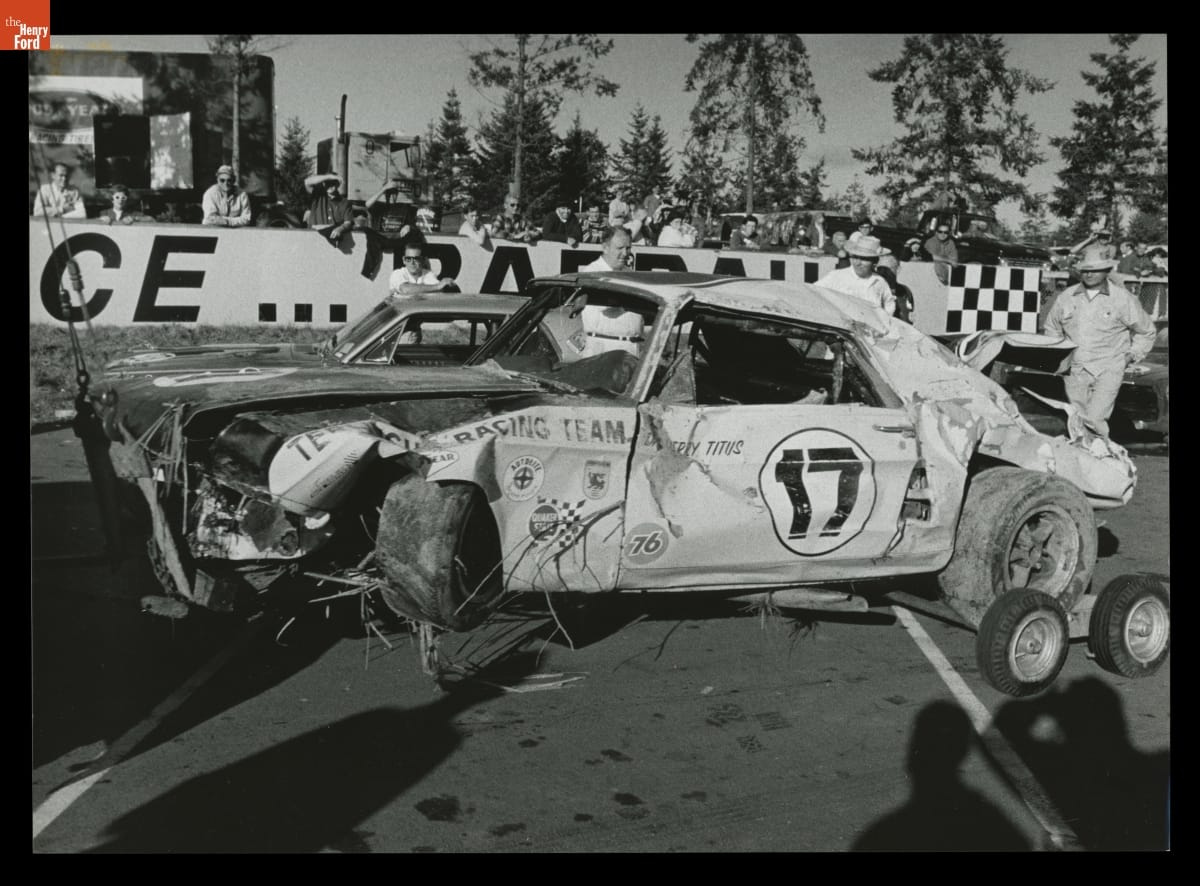 Wreckage of Ford Mustang Driven by Jerry Titus in the Kent 300 Trans Am Race, October 1967