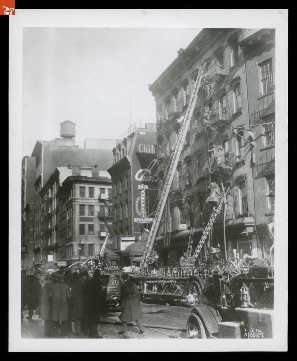 Three Mack Model AC Fire Trucks at the Scene of a Fire, March 26, 1927