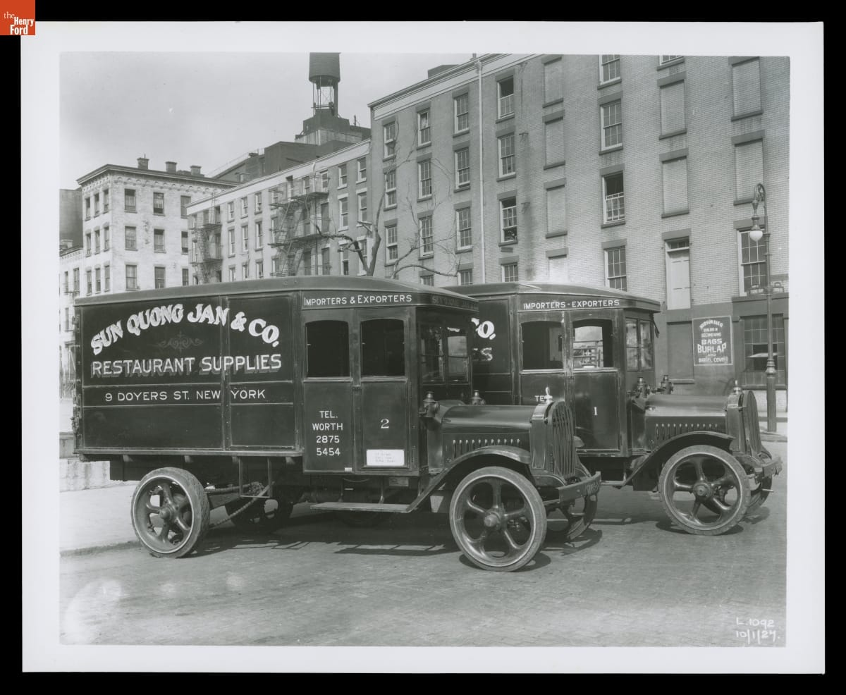 Two Mack Model AB Trucks Used by Sun Quong Jan & Co. Restaurant Supplies, New York City, October 1927