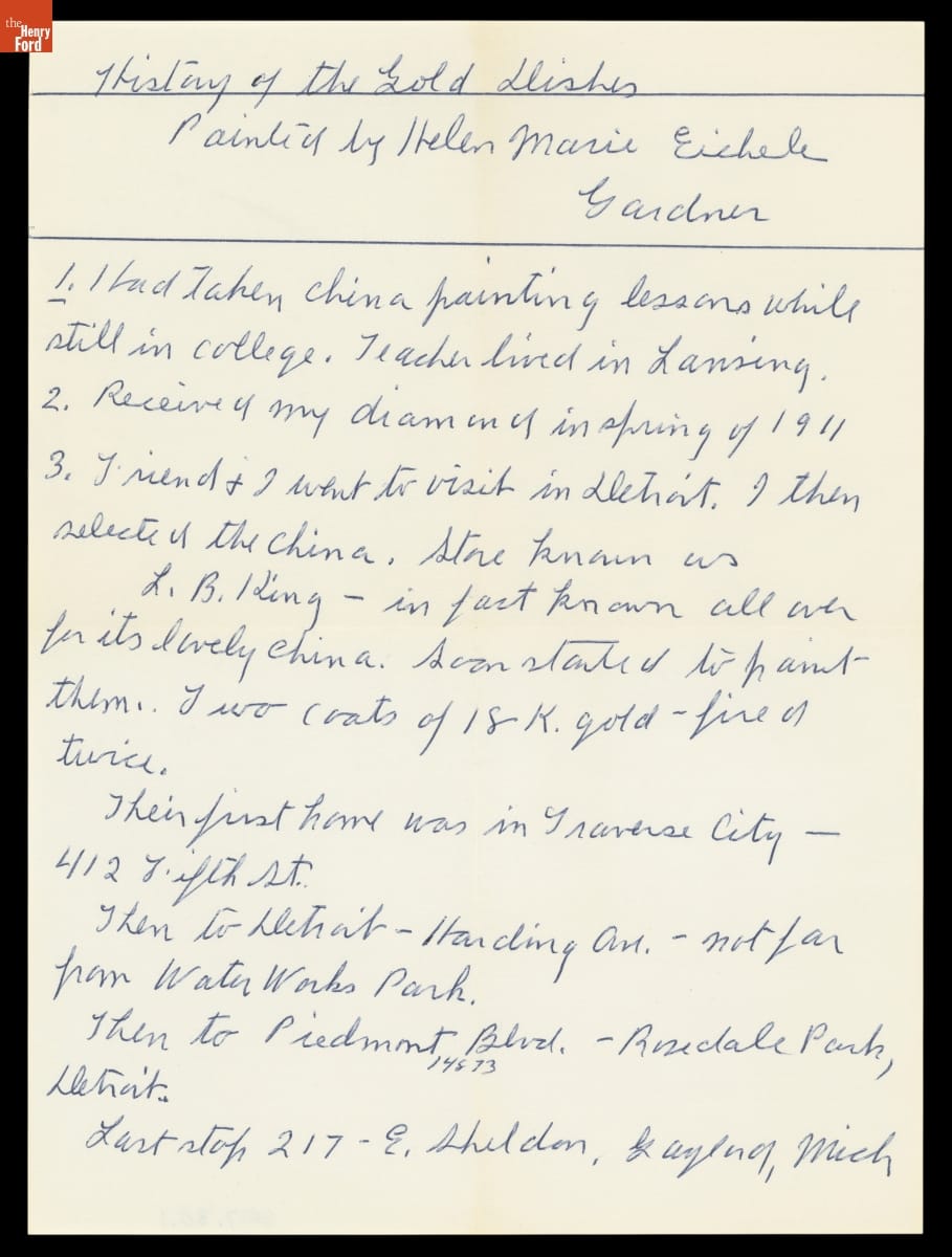 Note from Helen Gardner to Her Granddaughter regarding the China Dinnerware Set She Painted For Her Wedding in 1912