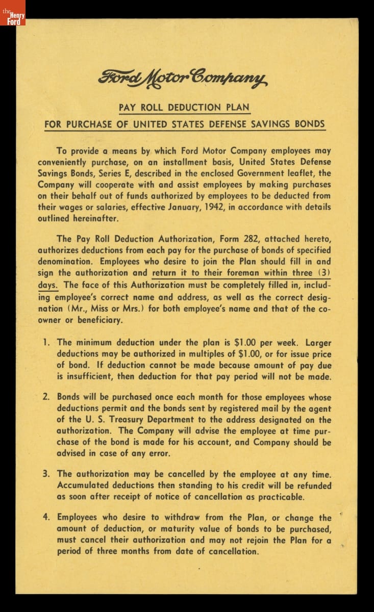 Ford Motor Company Pay Roll Deduction Plan for Purchase of United States Defense Savings Bonds, December 1941