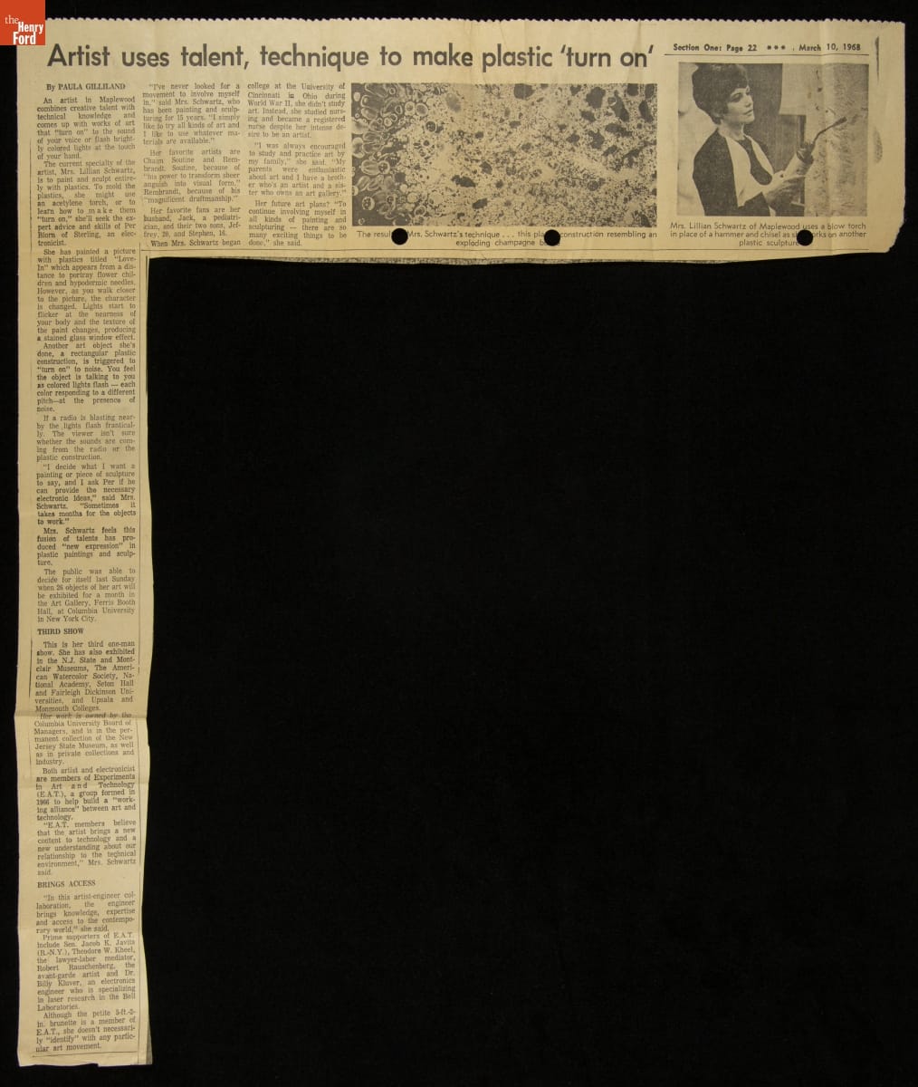 "Artist Uses Talent, Technique to Make Plastic Turn On," Sunday Star-Ledger, March 10, 1968