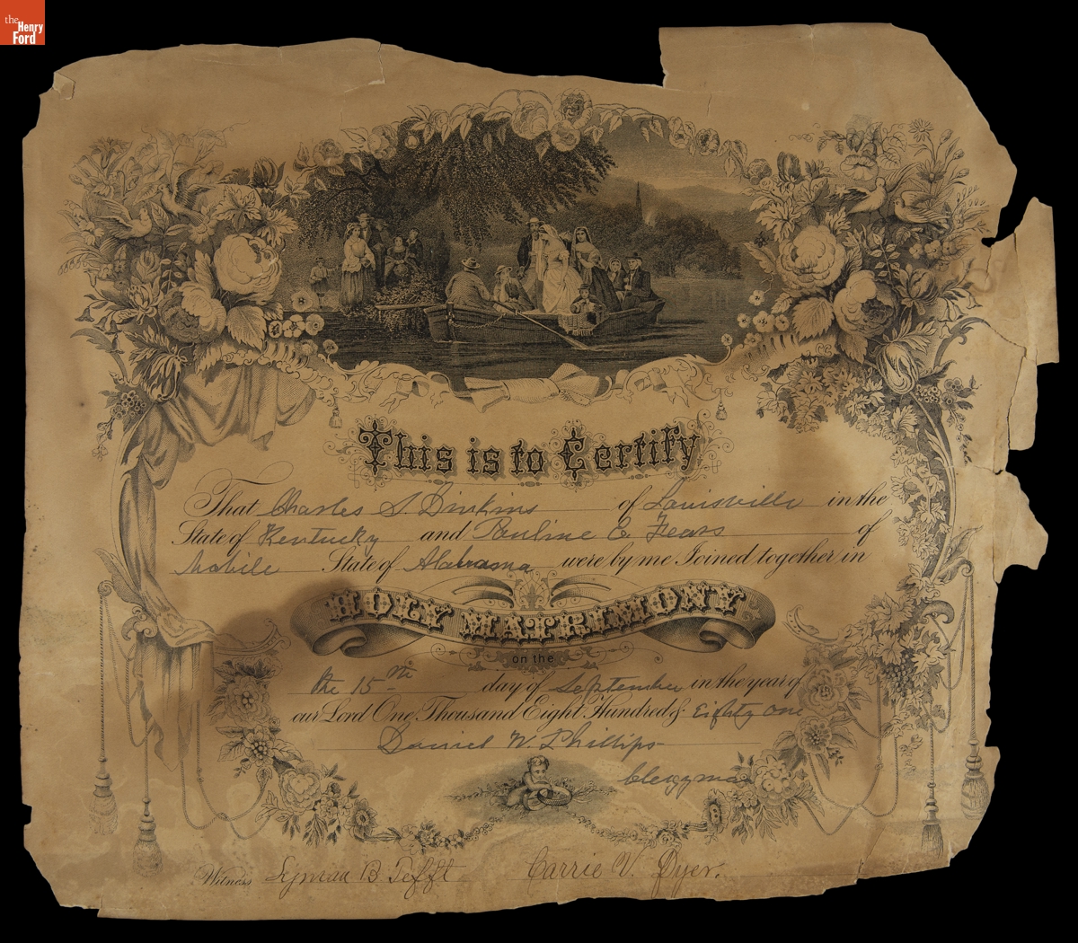 Marriage Certificate for Charles Spencer Dinkins and Pauline E. Fears, Mobile, Alabama, September 15, 1881