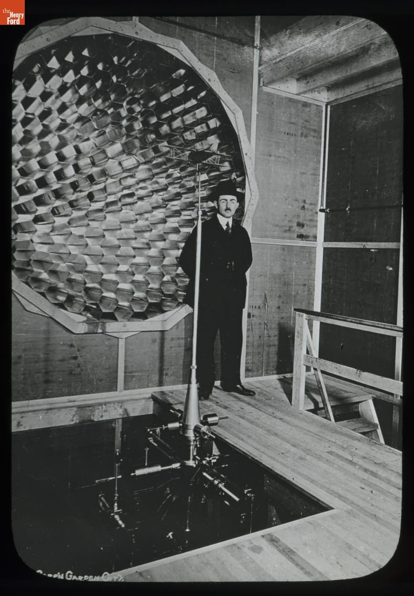 Man with Wind Tunnel at Curtiss Engineering Corporation, Garden City, New York, 1917-1931