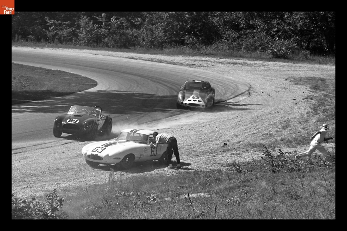Jaguar E-Type, Shelby Cobra, and Ferrari 250 GTO in the Road America 500 Race, September 1963