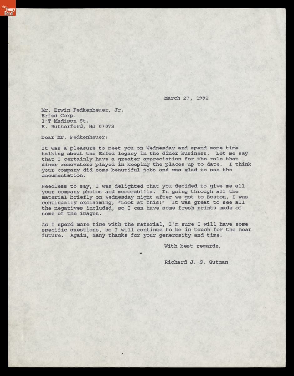 Letter from Richard J.S. Gutman to Erwin Fedkenheuer, March 27, 1992