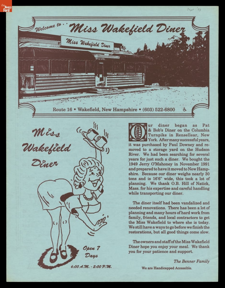 Menu from Miss Wakefield Diner, Wakefield, New Hampshire, 1993