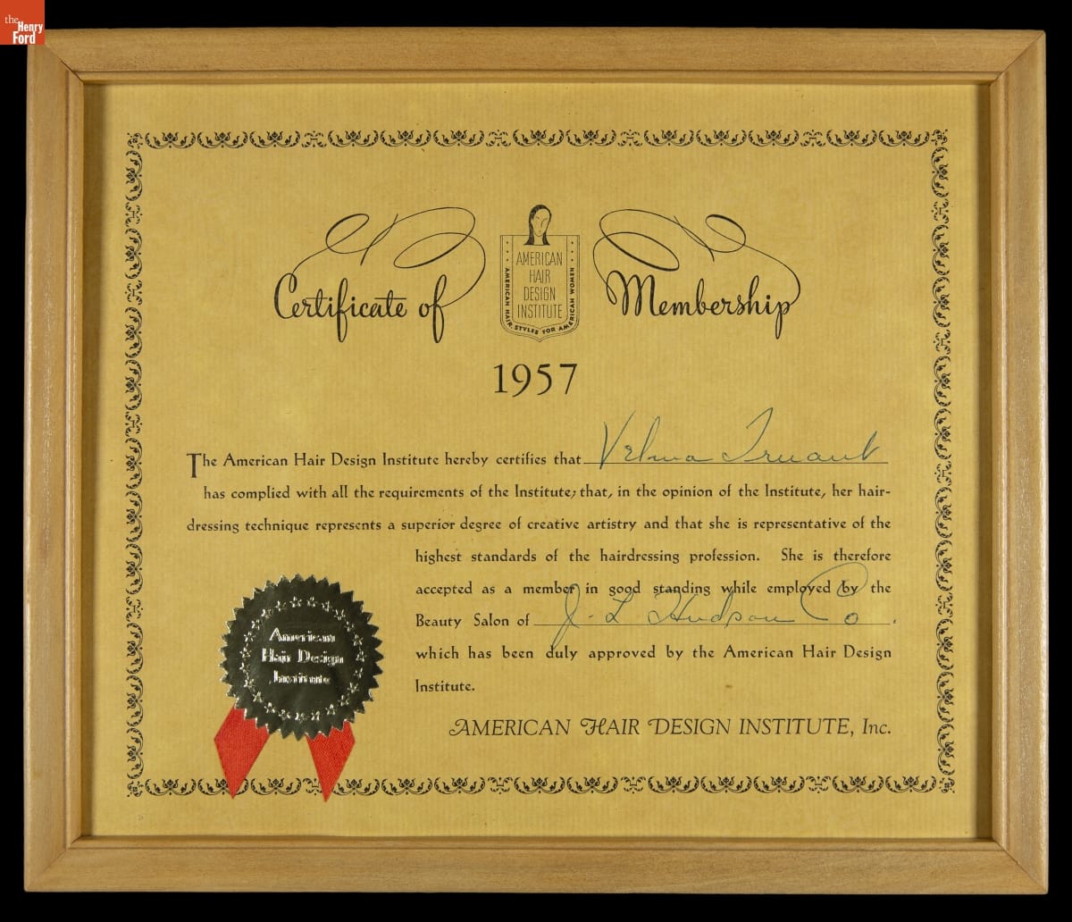 American Hair Design Institute Certificate of Membership Awarded to Velma Truant, 1957