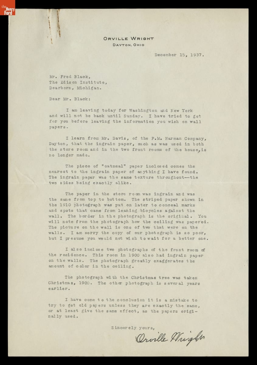Letter from Orville Wright to Fred Black about Wallpapers in Wright Home and Wright Cycle Shop, December 15, 1937