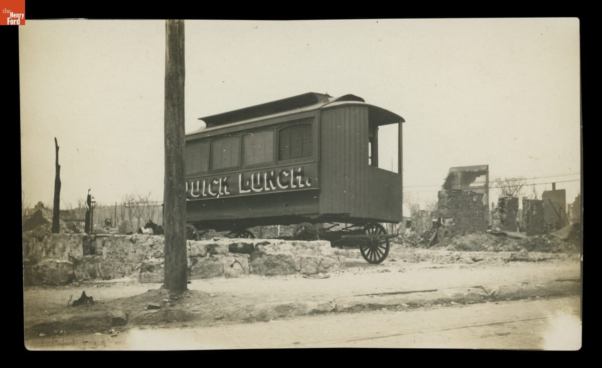 "Quick Lunch" Lunch Car in Salem, Massachusetts after the 1914 Fire