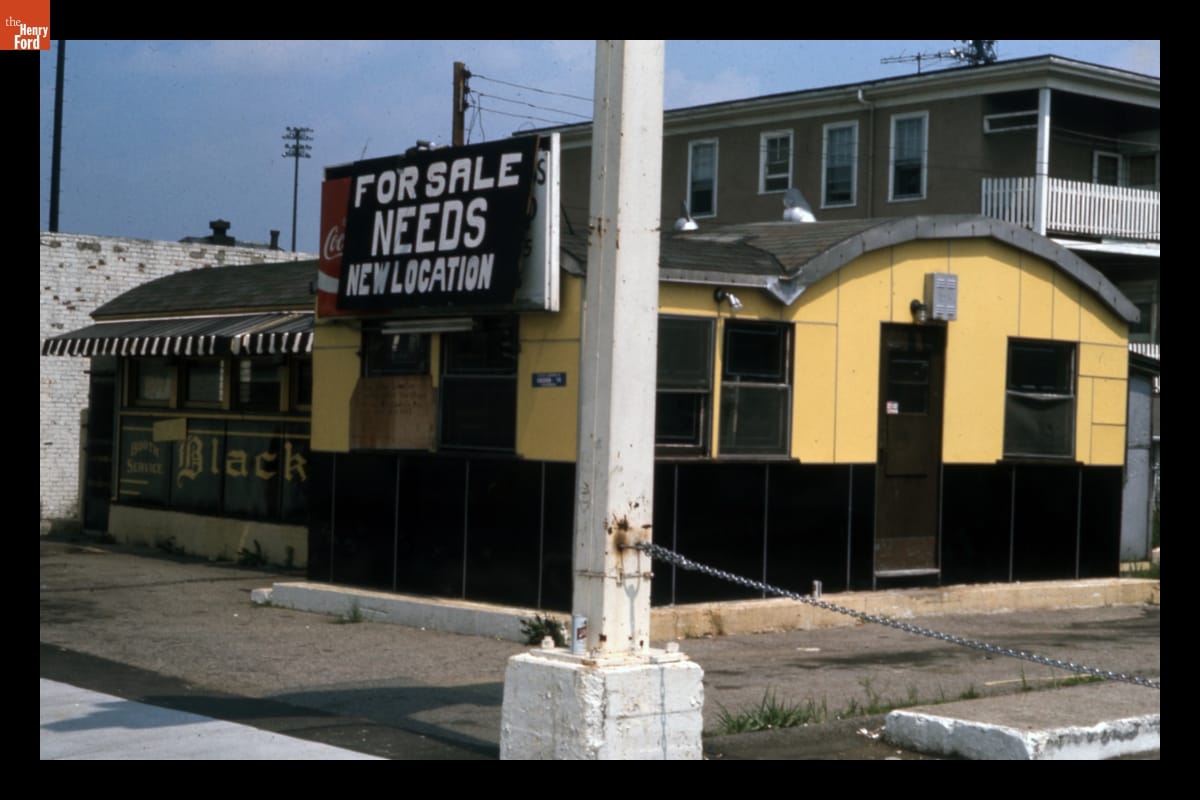 "For Sale: Needs New Location Sign" on Black & Gold Diner Prior to Demolition, Roslindale, Massachusetts, 1974-1975