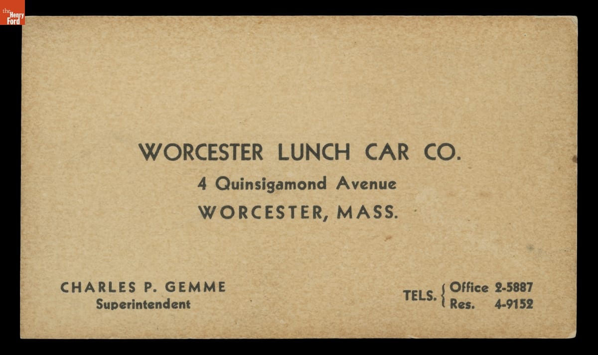 Business Card for Charles P. Gemme, Superintendent, Worcester Lunch Car Company