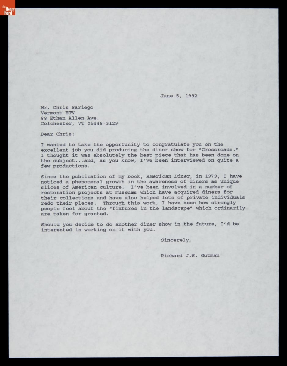 Letter from Richard J.S. Gutman to Chris Sariego of Vermont ETV, June 5, 1992