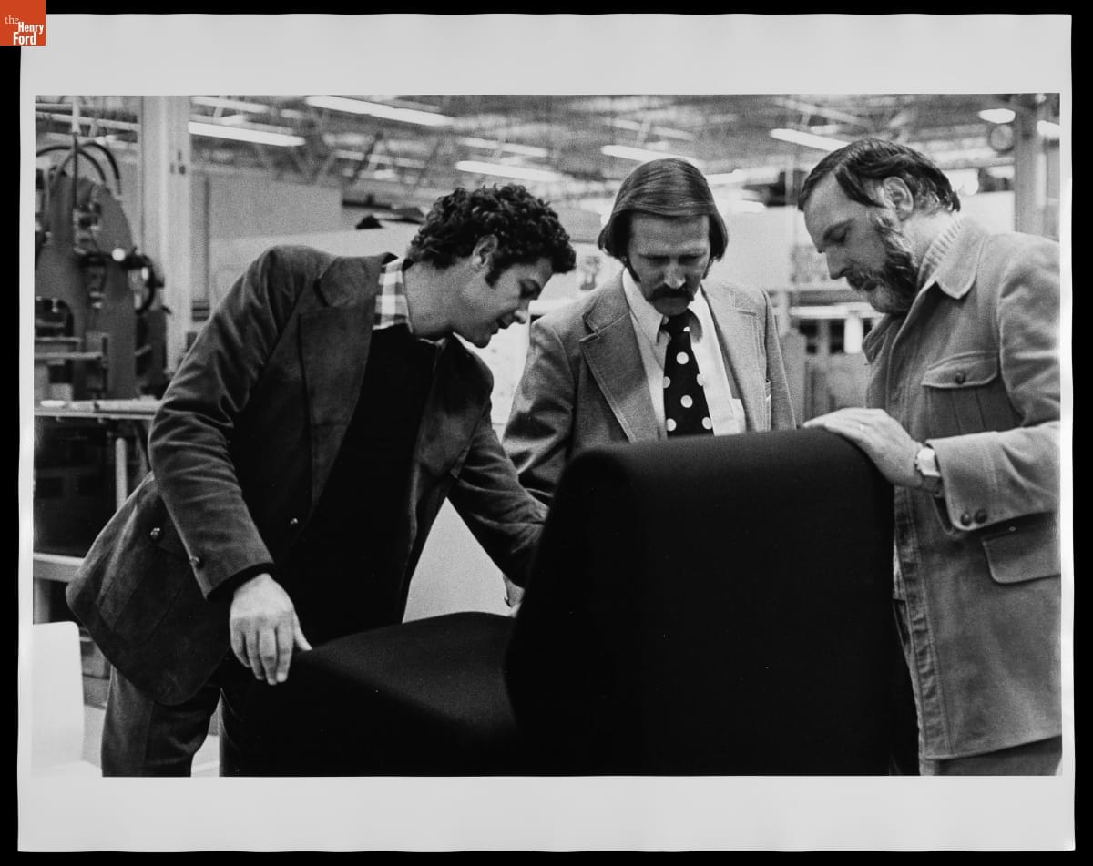 Don Chadwick, John "Roger" Bush, and Bob Blaich Examining Modular Sofa Componentrs, circa 1973