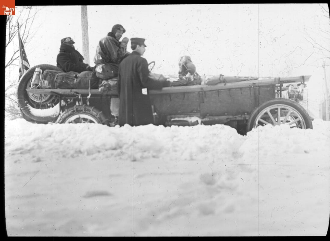 Thomas Flyer Stopped in the Snow near South Bend, Indiana during the New York to Paris Race, 1908