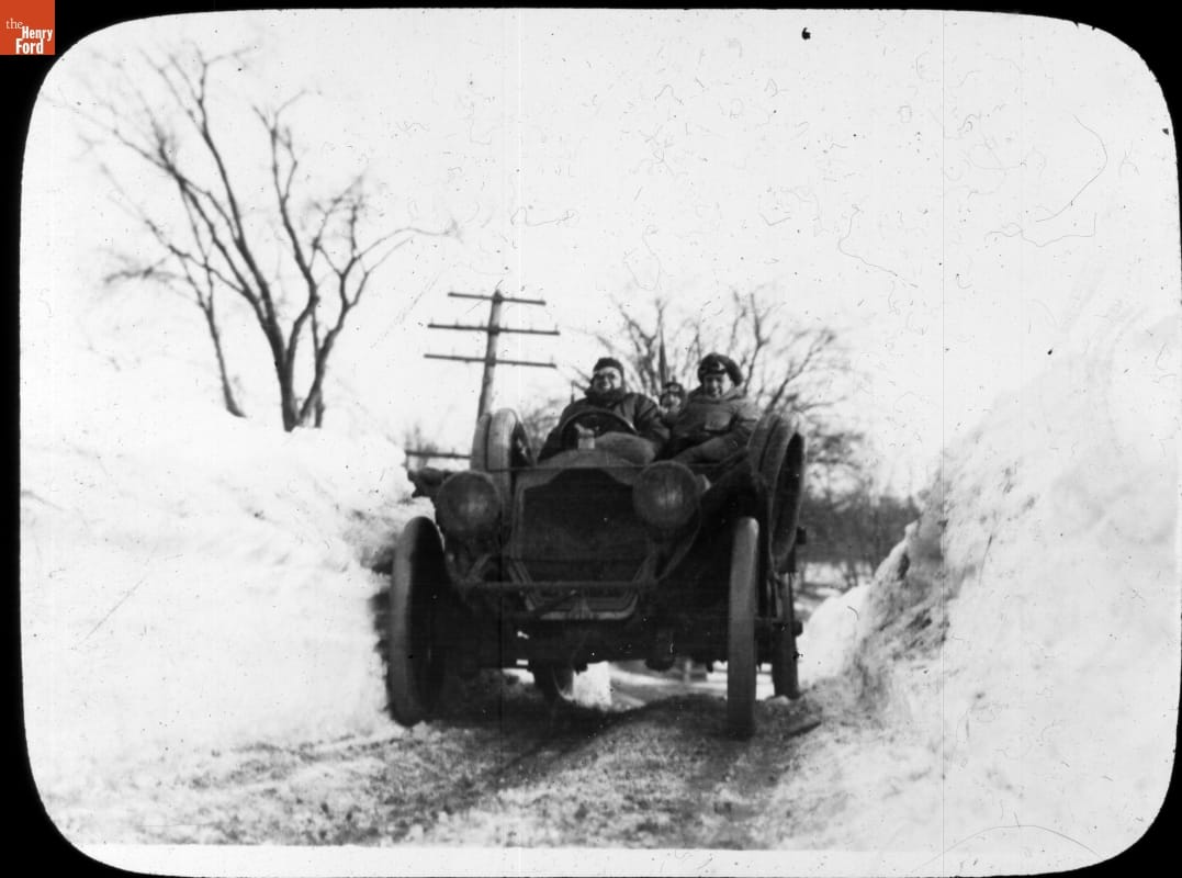 Thomas Flyer in the Snow with Williams at the Wheel in Indiana, during the New York to Paris Race, 1908