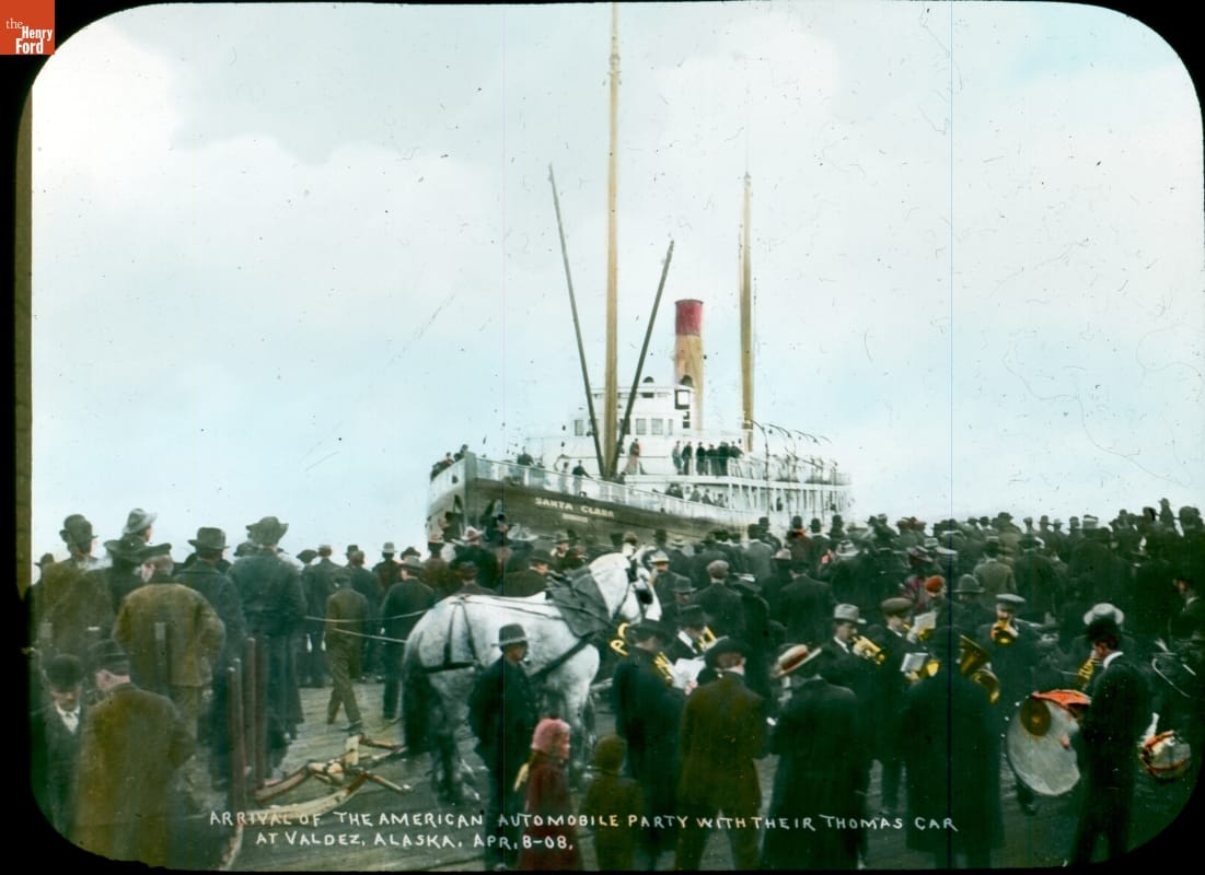 Arrival of Thomas Flyer and Team on the Steamship Santa Clara at Valdez, Alaska, New York to Paris Race, 1908