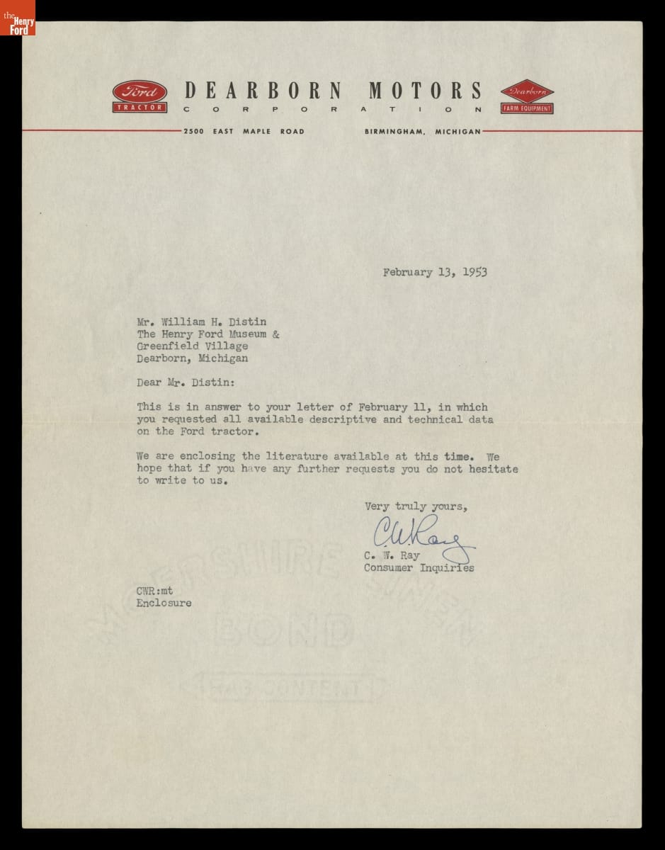 Letter from Dearborn Motors Company to William H. Distin, February 13, 1953