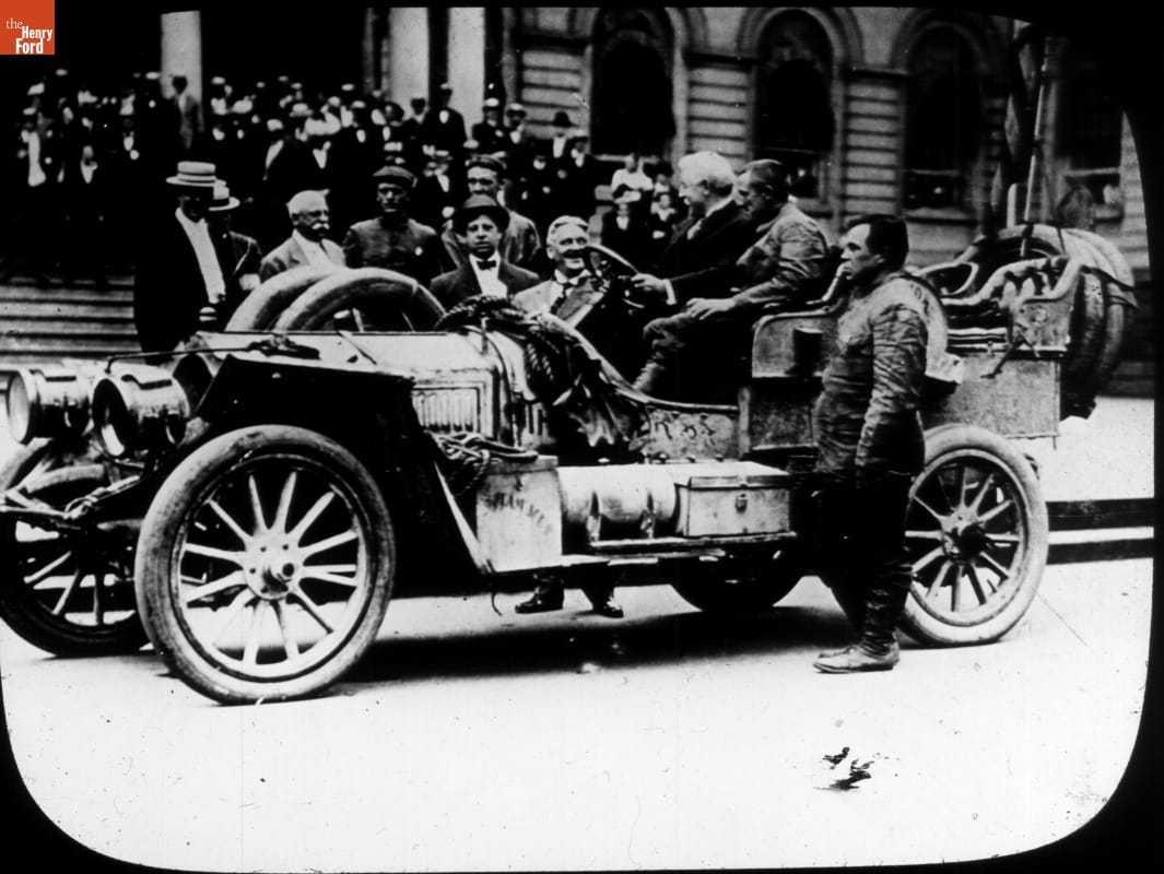 Mayor McGowan and George Schuster in the Thomas Flyer at New York's City Hall, following the New York to Paris Race, August 1908