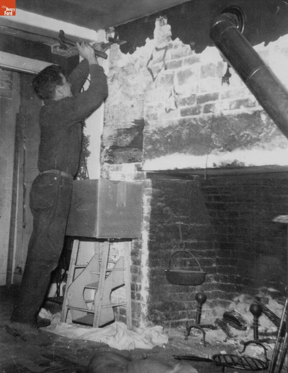Bob Kelley Removing Plaster during Firepace Restoration in the Kelley Home, Andover, Connecticut, 1954