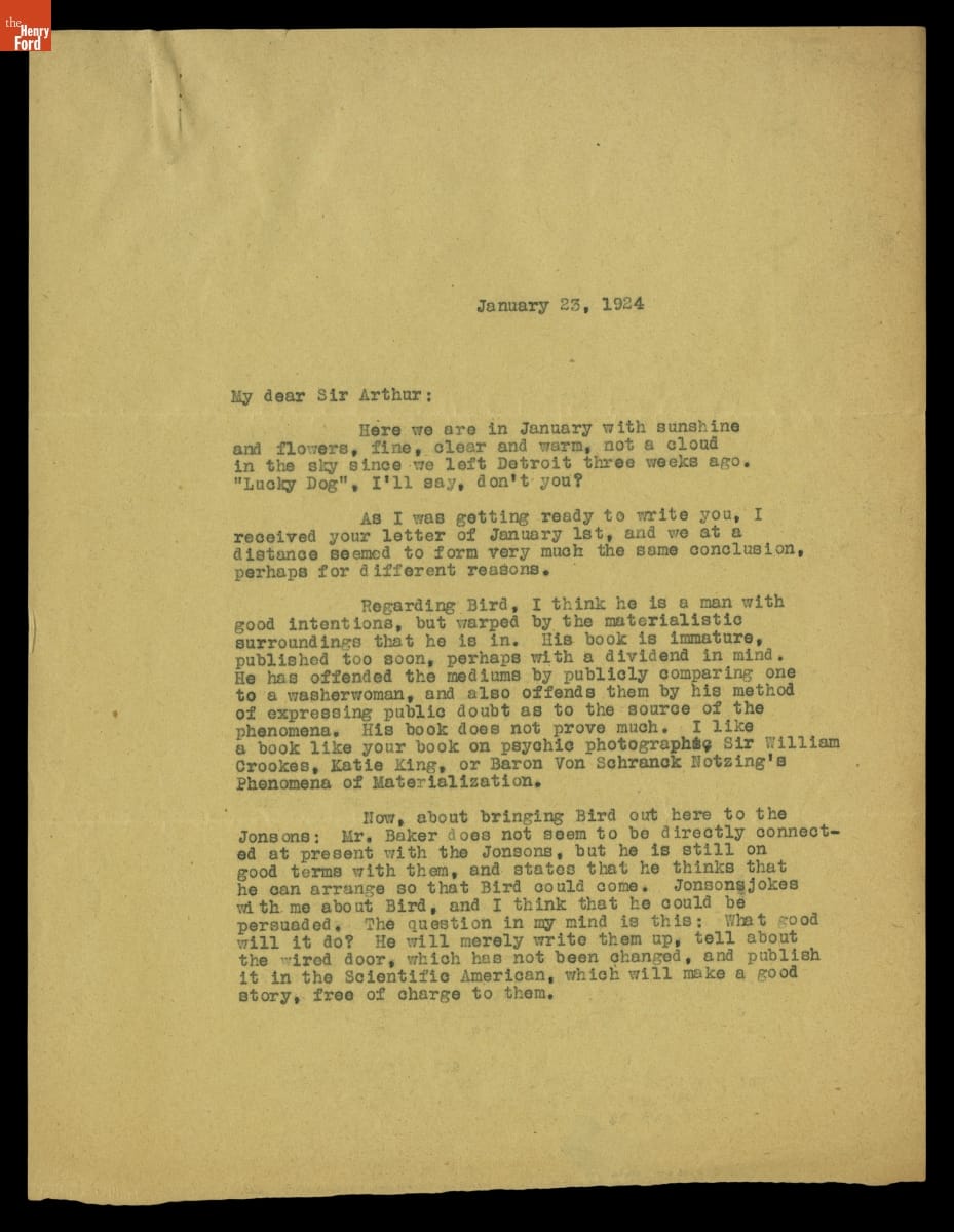 Letter from George M. Holley to Arthur Conan Doyle, January 23, 1924