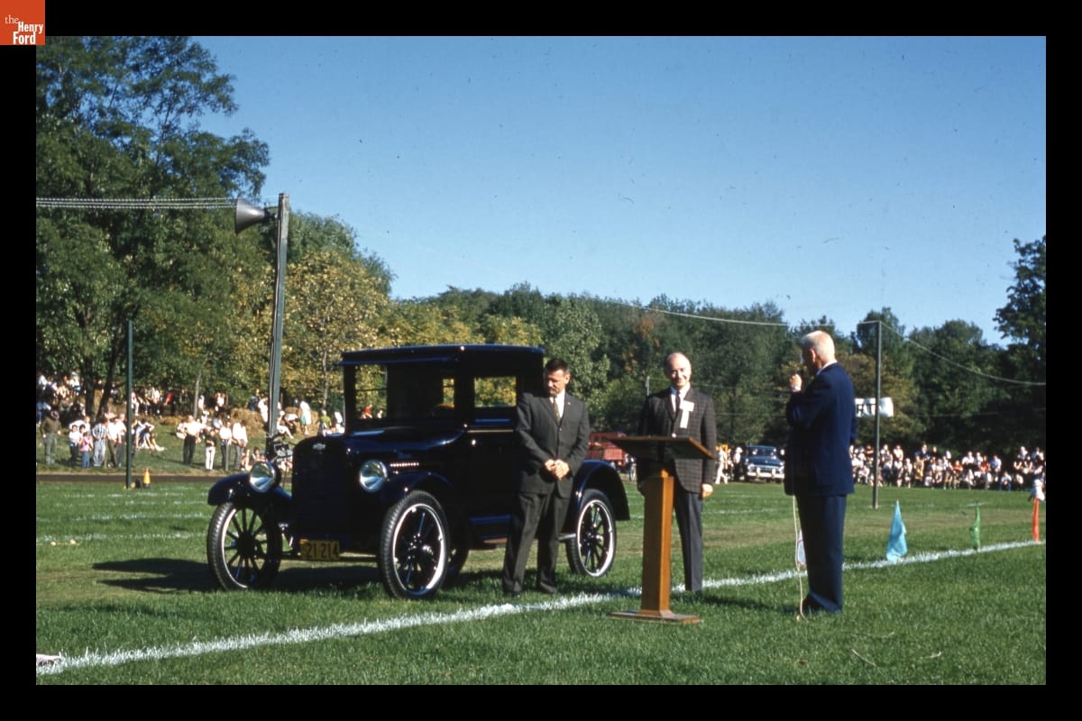 Presentation of 1923 Chevrolet Coupe at Old Car Festival in Greenfield Village, September 1962