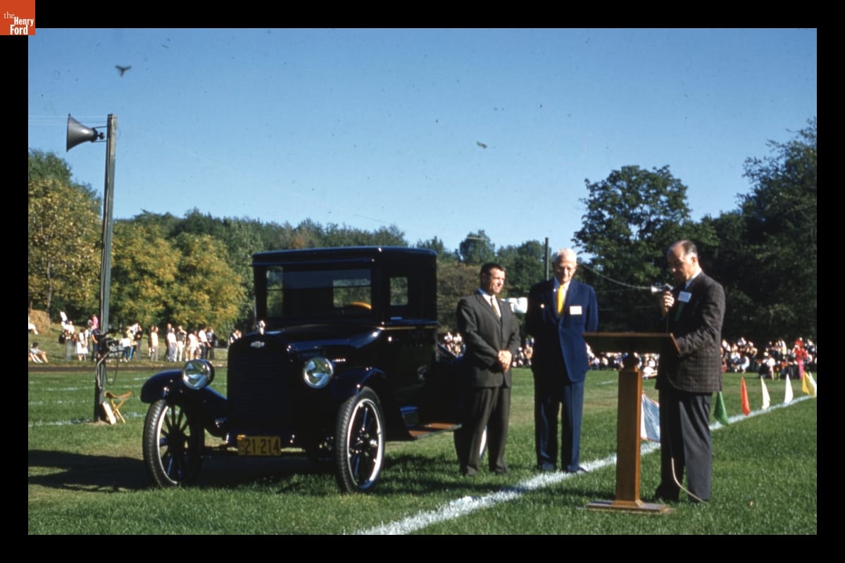 Presentation of 1923 Chevrolet Coupe at Old Car Festival in Greenfield Village, September 1962