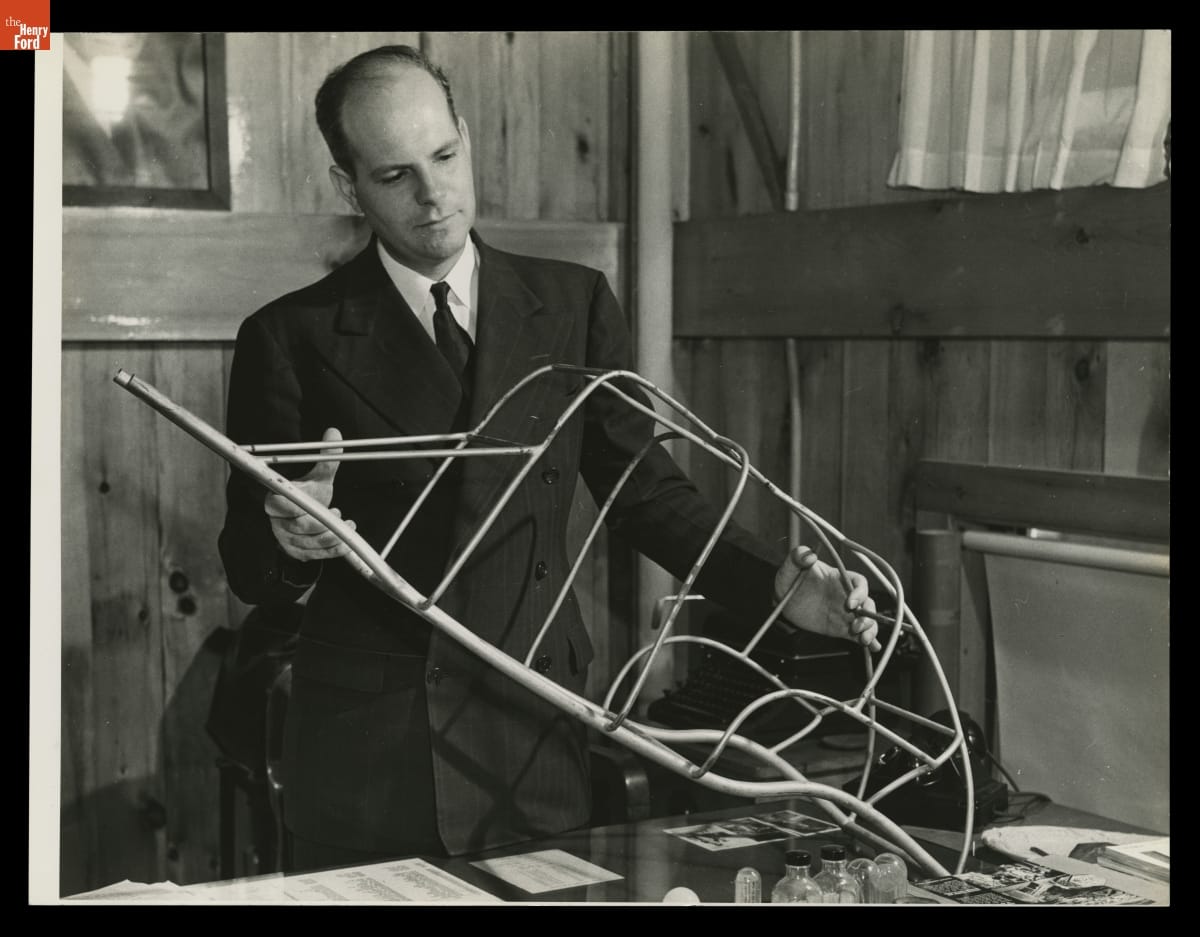 Robert Boyer with Soybean Plastic Car Scale Model and Frame, 1941