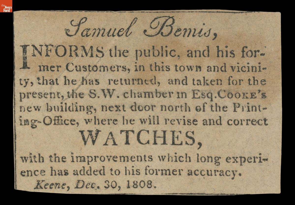 Newspaper Advertisement, Samuel Bemis Offering His Service as Watchmaker in Keene, New Hampshire, December 1808