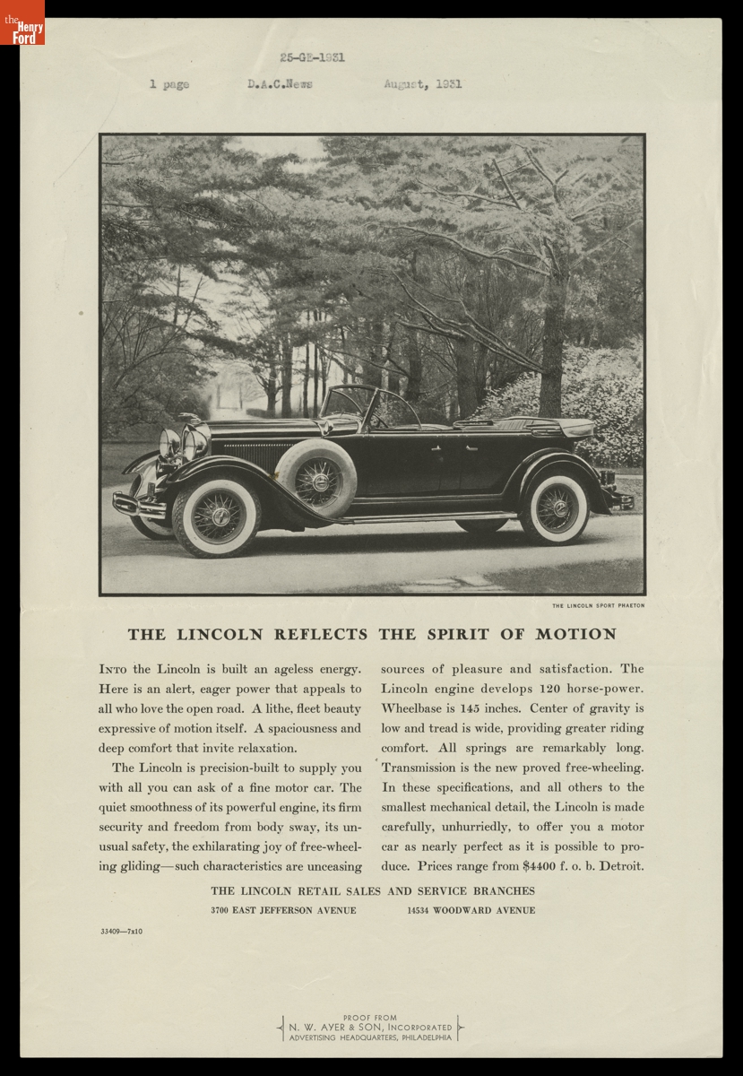 1931 Lincoln Advertisement, "The Lincoln Reflects the Spirit of Motion"