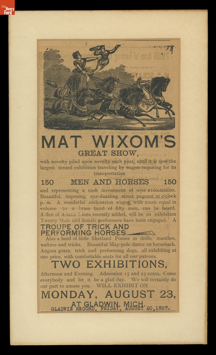 Advertisement for Mat Wixom's Great Show, from the "Wixom Record," August 20, 1897
