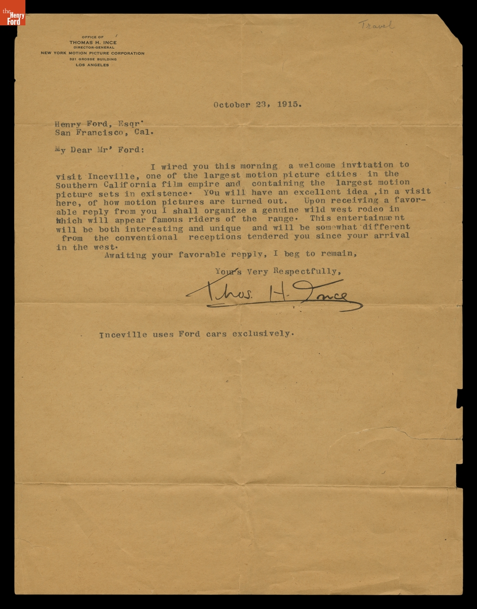 Letter from Thomas Ince Inviting Henry Ford to Visit Inceville Motion Picture Studio, October 1915