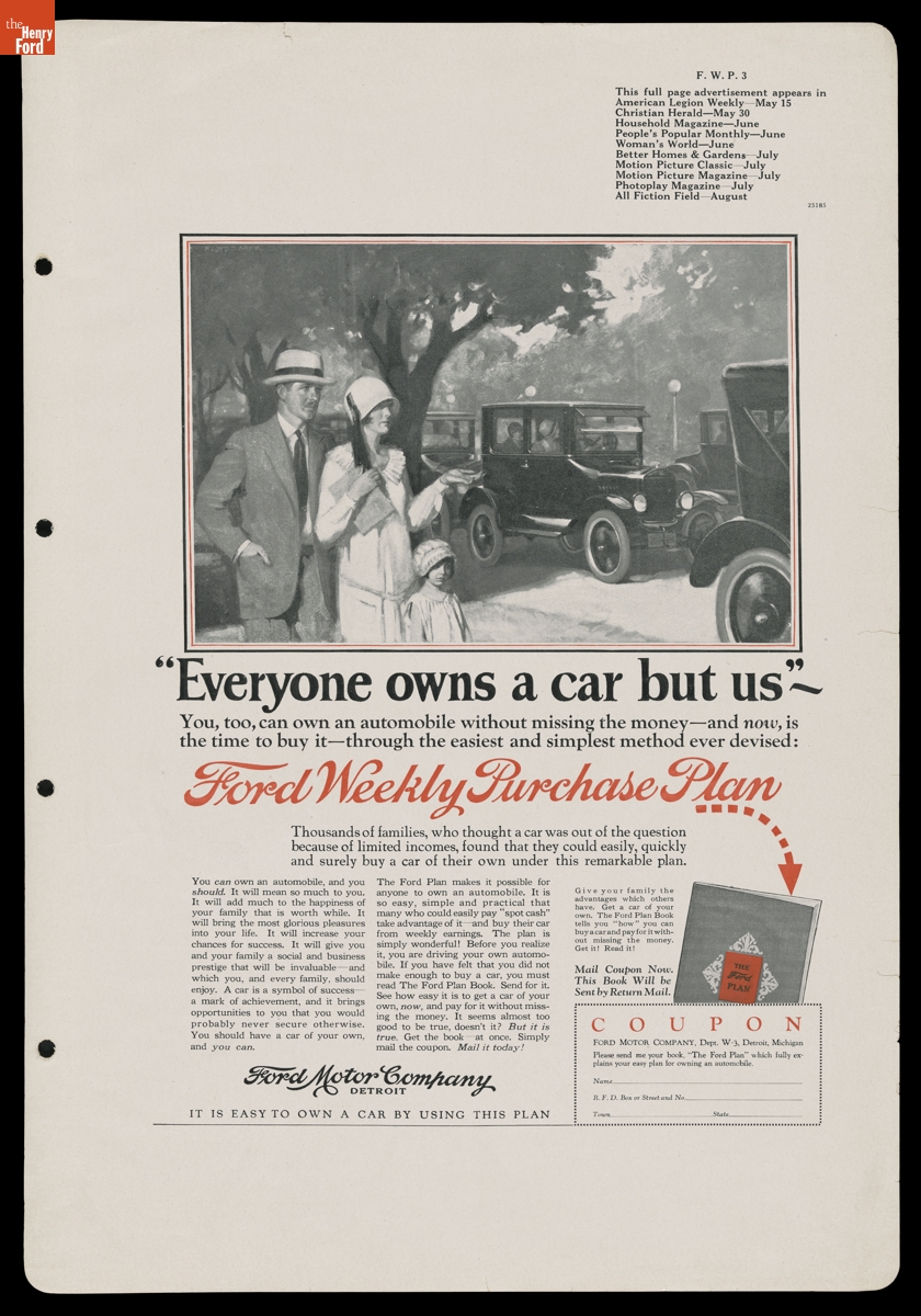 "Everyone Owns a Car But Us," Advertisement for the Ford Weekly Purchase Plan, 1924