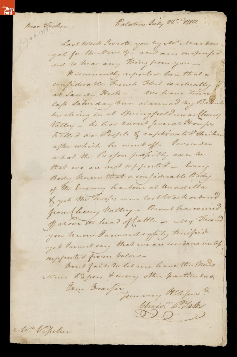 Letter from Christopher Yates to Matthew Visscher, July 22, 1778
